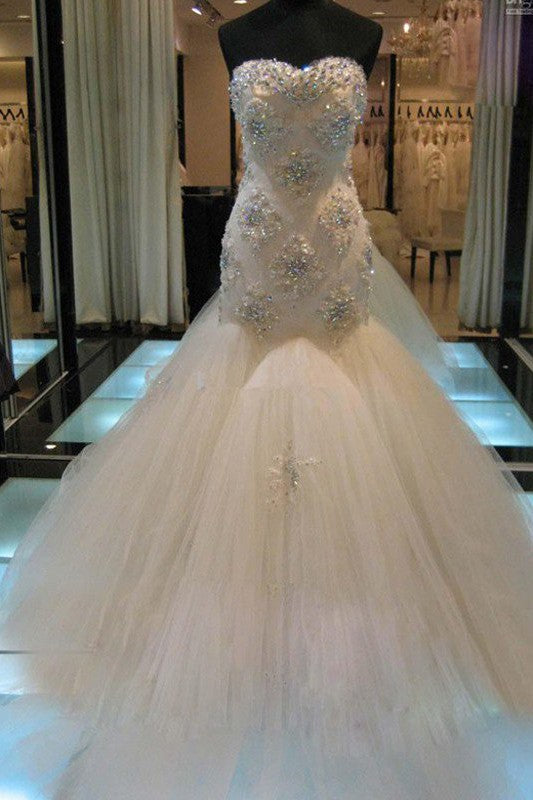 Court Train Mermaid Beading Sleeveless Tulle Sweetheart Wedding Dresses