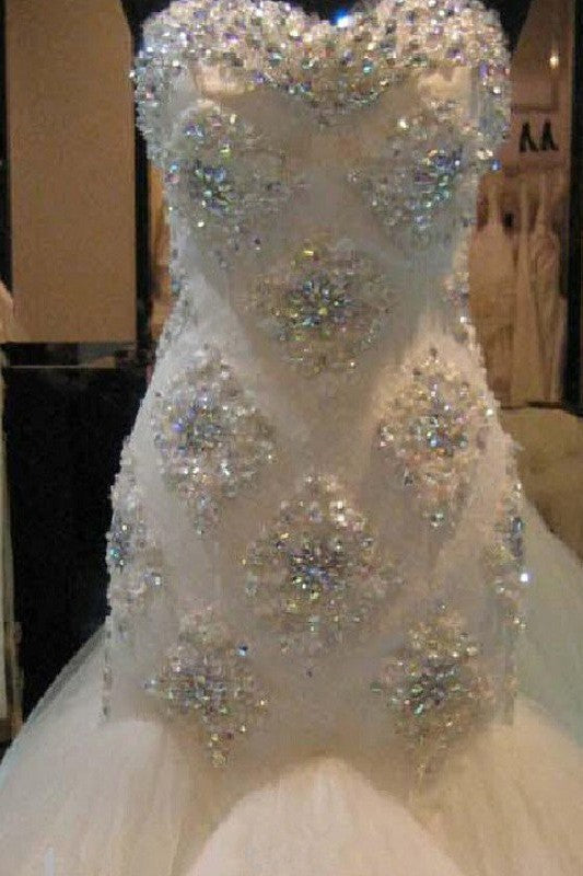 Court Train Mermaid Beading Sleeveless Tulle Sweetheart Wedding Dresses