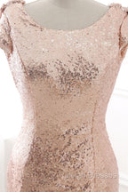 COURTNEY Fit and Flare Sweep train Sequined Rosy Golden Prom Party Gowns