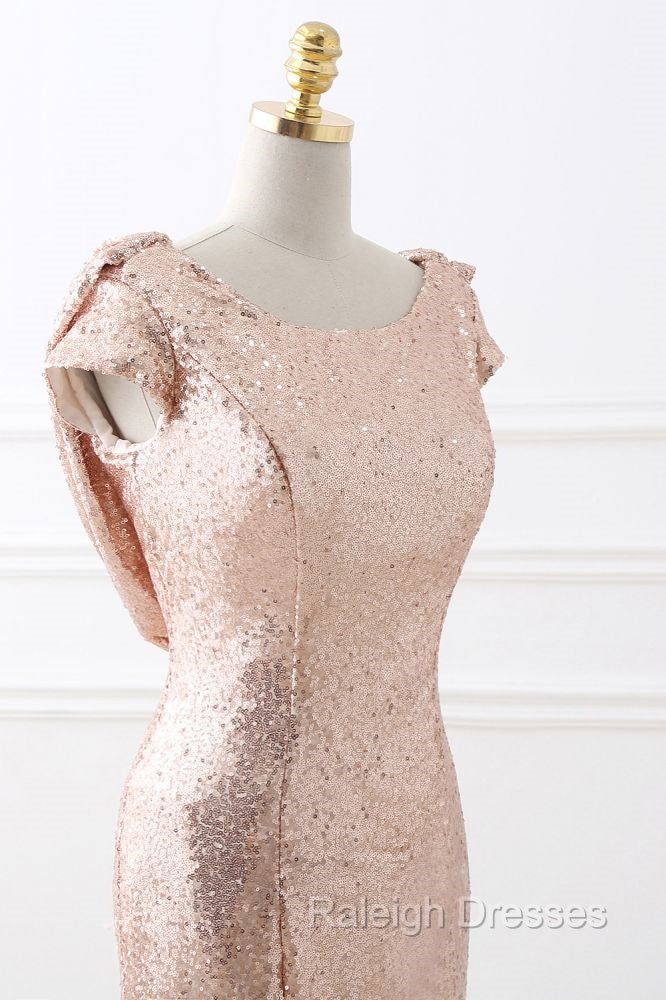 COURTNEY Fit and Flare Sweep train Sequined Rosy Golden Prom Party Gowns