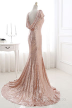 COURTNEY Fit and Flare Sweep train Sequined Rosy Golden Prom Party Gowns