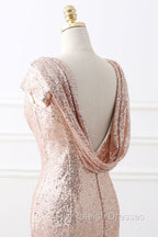 COURTNEY Fit and Flare Sweep train Sequined Rosy Golden Prom Party Gowns