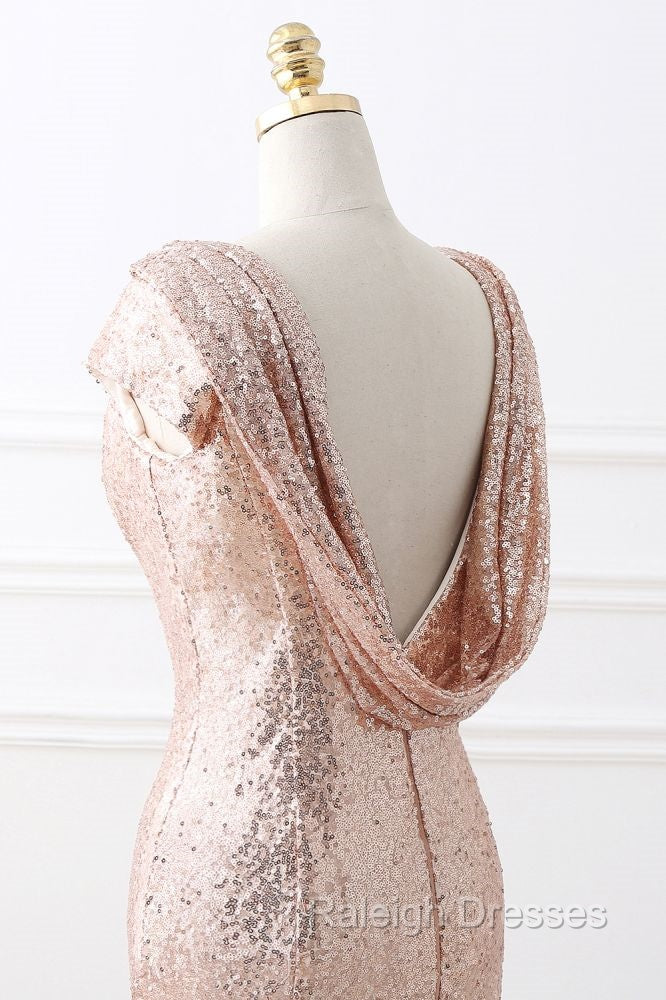COURTNEY Fit and Flare Sweep train Sequined Rosy Golden Prom Party Gowns