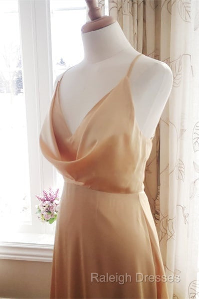 Cowl Neck Champagne Satin Bridesmaid Dress With Slit Secondary image