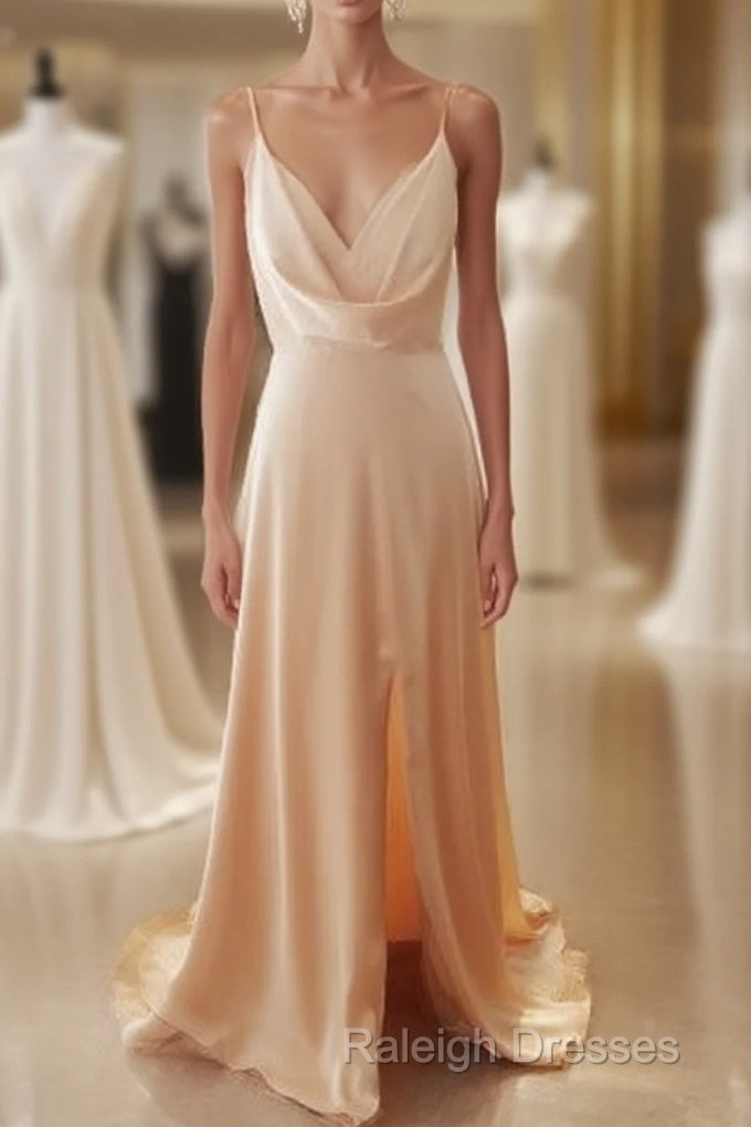 Cowl Neck Champagne Satin Bridesmaid Dresses With Slit