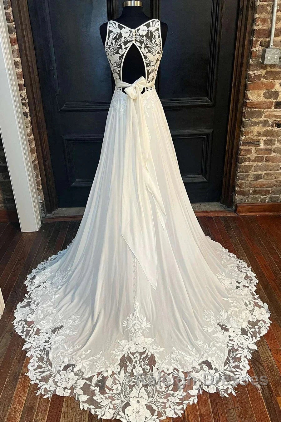 Cowl Neck Cutout Back Lace-Trimmed Long Wedding Dress Secondary image