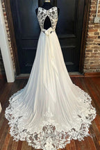 Cowl Neck Cutout Back Lace-Trimmed Long Wedding Dress