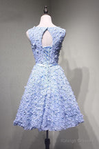 Crew Knee-Length Open Back Appliques Blue Lace Homecoming Dresses