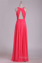 Crew Neck Watermelon Chiffon Long Bridesmaid Dress