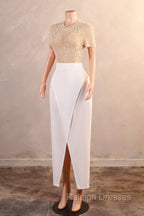 Crew Sheath Prom Dresses Ankle-Length Zipper Beads Split Side Short Sleeve Evening Dresses