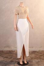 Crew Sheath Prom Dresses Ankle-Length Zipper Beads Split Side Short Sleeve Prom Dresses