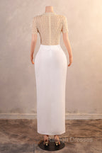 Crew Sheath Prom Dresses Ankle-Length Zipper Beads Split Side Short Sleeve Evening Dresses