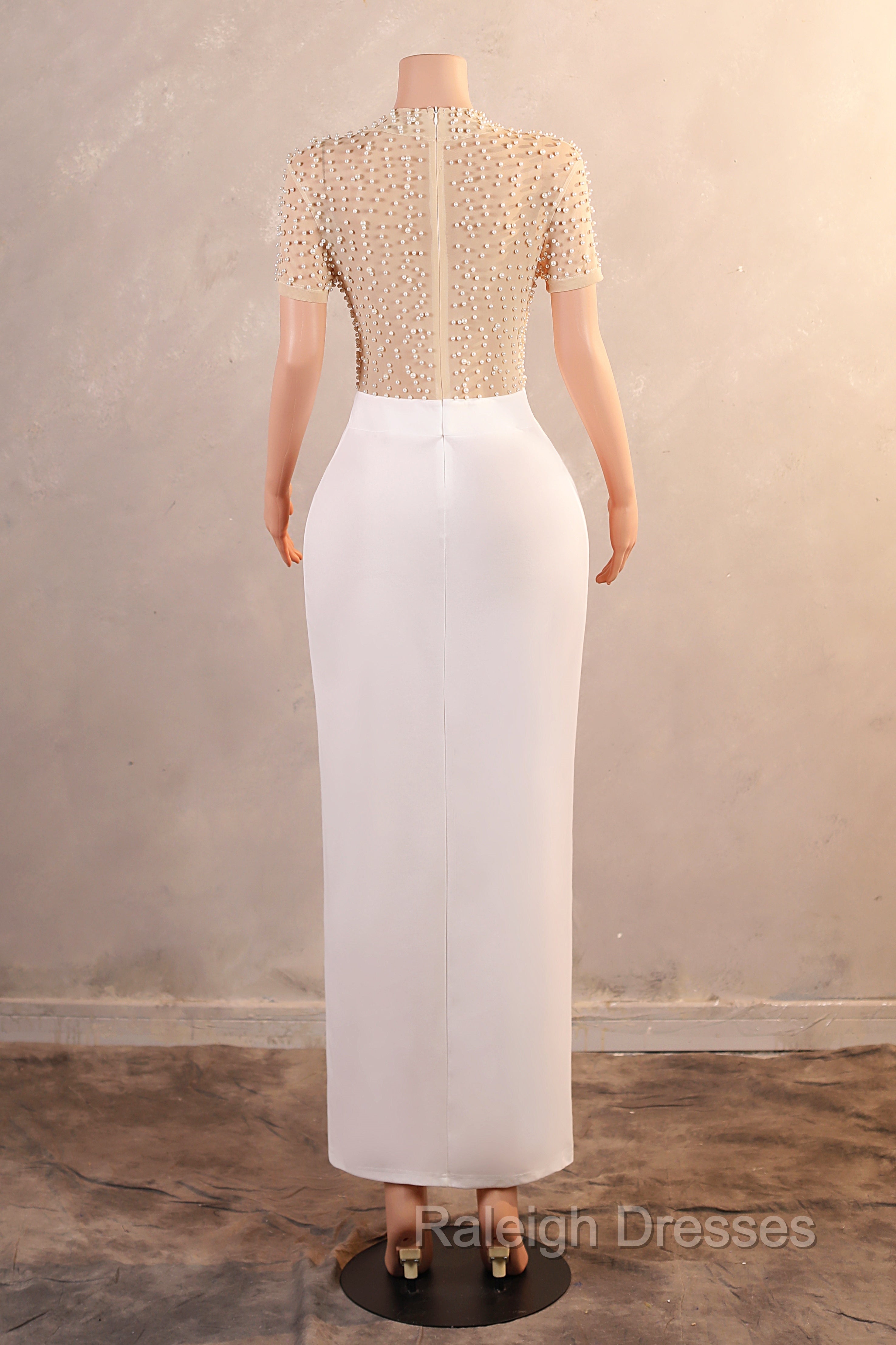 Crew Sheath Prom Dresses Ankle-Length Zipper Beads Split Side Short Sleeve Evening Dresses