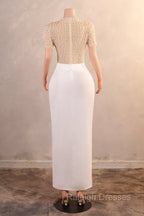 Crew Sheath Prom Dresses Ankle-Length Zipper Beads Split Side Short Sleeve Prom Dresses