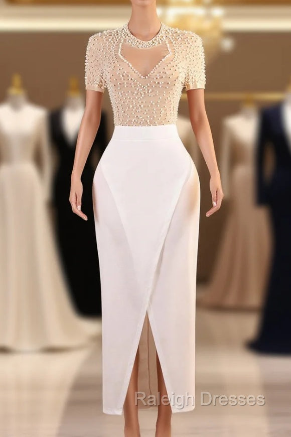 Crew Sheath Prom Dresses Ankle-Length Zipper Beads Split Side Short Sleeve Prom Dresses Main image
