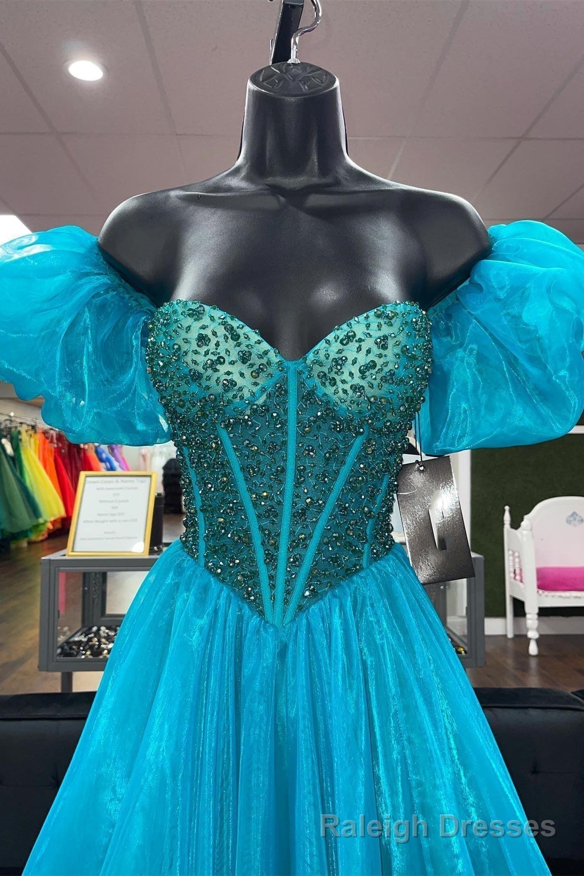 Blue Off-the-Shoulder Beaded A-line Tulle Long Prom Dress