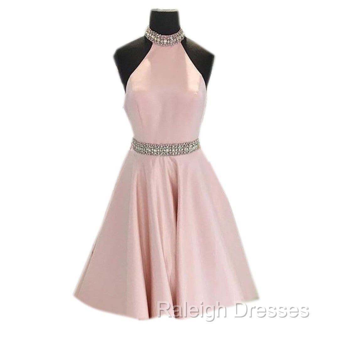 Crystal Beaded High Neck Short Pink Satin Homecoming Dresses Secondary image
