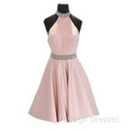Crystal Beaded High Neck Short Pink Satin Homecoming Dresses