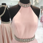 Crystal Beaded High Neck Short Pink Satin Homecoming Dresses