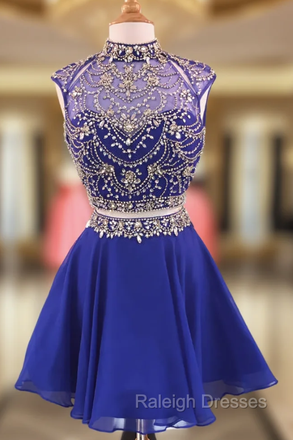 Crystal Beaded High Neck Two Piece Homecoming Dresses in Royal Blue Chiffon Main image