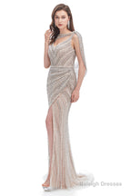 Crystal Beaded Mermaid High Slit Long Prom Dresses