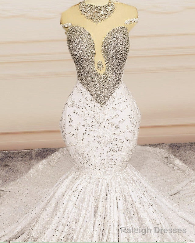 Crystal Beaded Mermaid Lace Wedding Dress Cap Sleeves