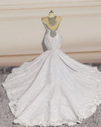 Crystal Beaded Mermaid Lace Wedding Dresses Cap Sleeves
