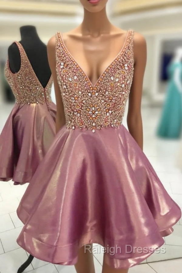 Crystal Beaded V Neck Satin Homecoming Dresses Short Prom Gowns Main image