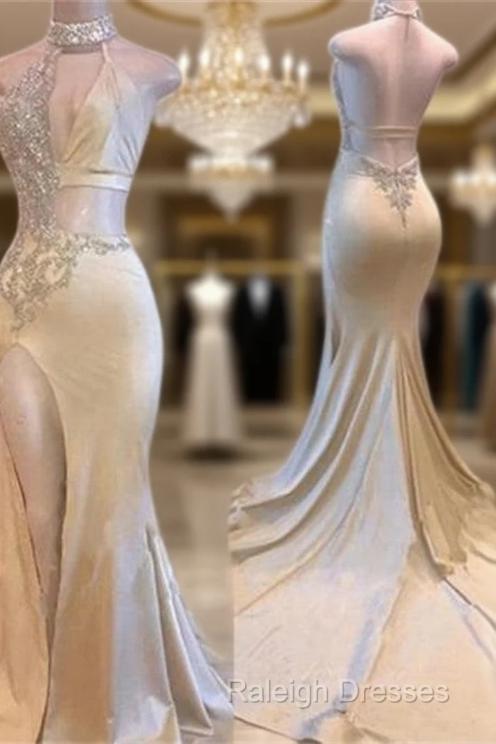 Crystal Halter Side Slit Prom Dresses A-Line Backless Sleeveless Evening Dresses