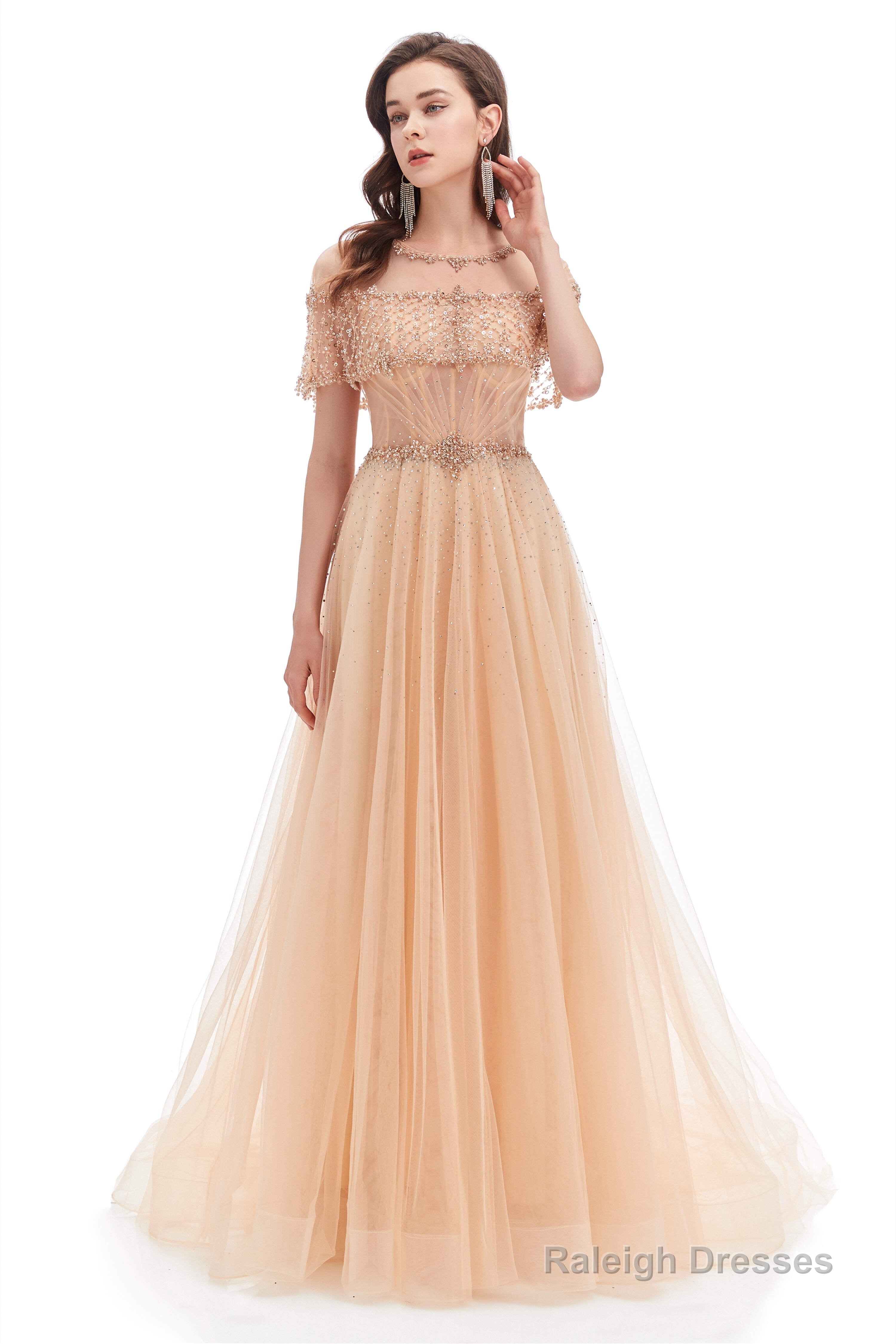 Crystal O-Neck Sleeveless A Line Tulle Prom Dresses Secondary image