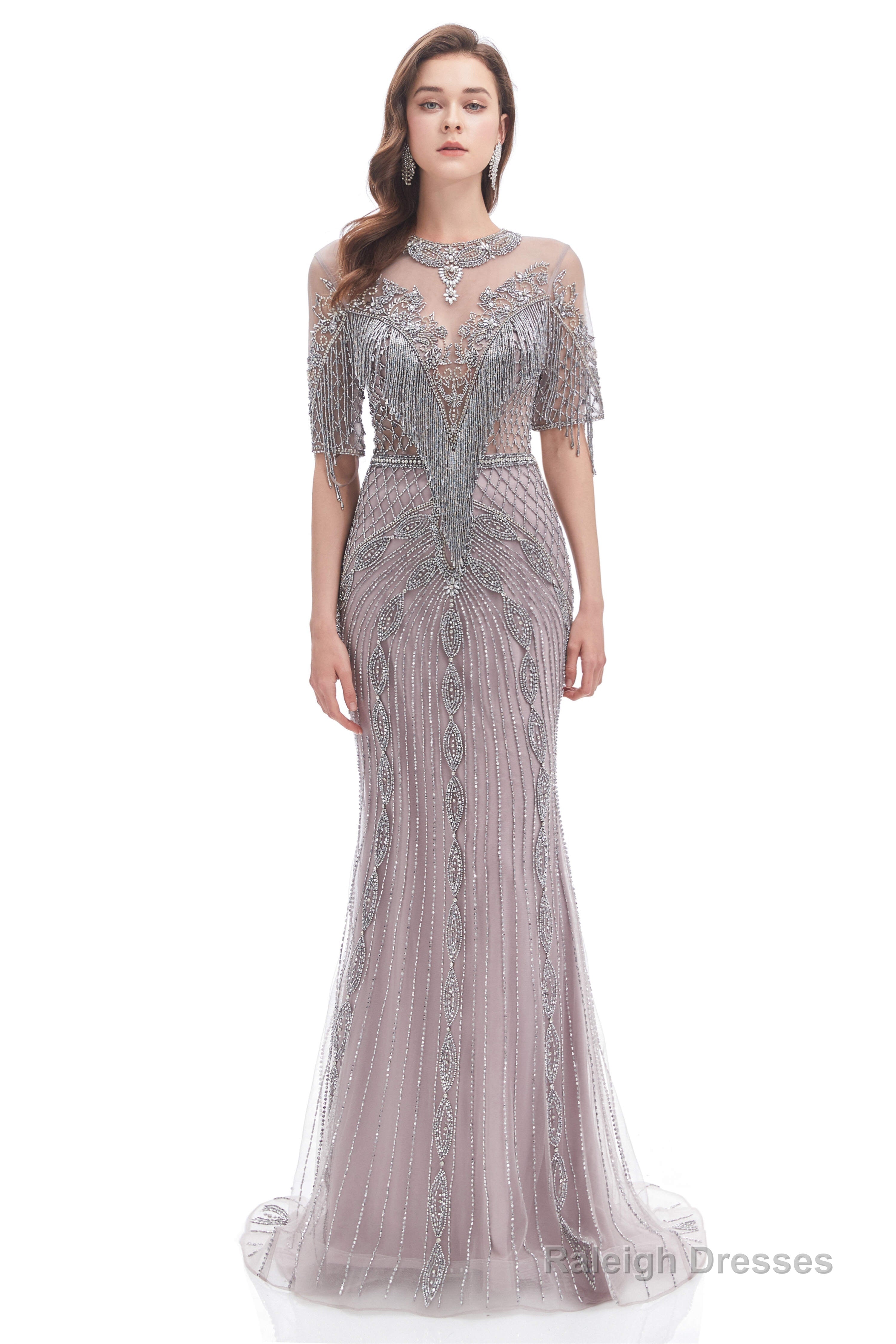 Crystal Tassel Mermaid O Neck Short Sleeves Prom Dresses Secondary image