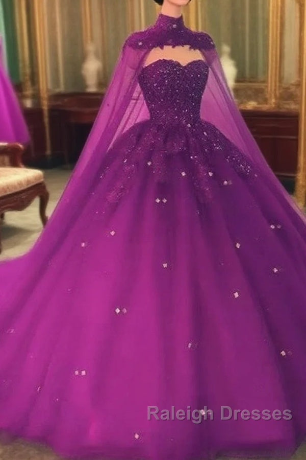 Crystals Purple Ball Gown Prom Dresses With Cape Sweet 16 Quinceanera Dress