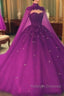 Crystals Purple Ball Gown Prom Dresses With Cape Sweet 16 Quinceanera Dress