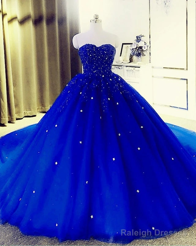 Crystals Royal Blue Prom Dresses Ball Gown Beaded Sweetheart Quinceanera Dresses