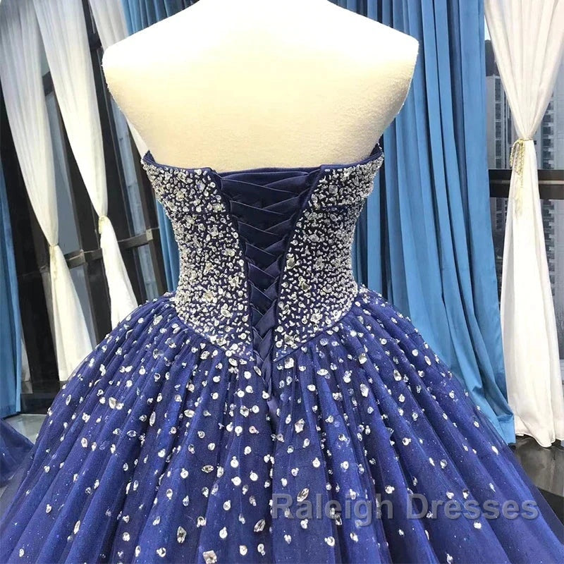 Crystals Sequined Navy Blue Quinceanera Dresses Ball Gown Wedding Dresses