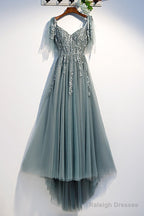 Custom Beautiful Tulle Lace Beaded Tea Length Straps A-Line Prom Dress, New Style Junior Party Dresses