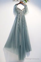 Custom Beautiful Tulle Lace Beaded Tea Length Straps A-Line Prom Dress, New Style Junior Party Dresses