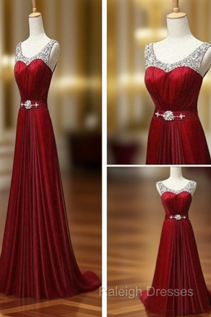 Custom Made A Line Dark Red Round Neck Long Prom Dresses, Bridesmaid Dresses, Formal Dresses Main image