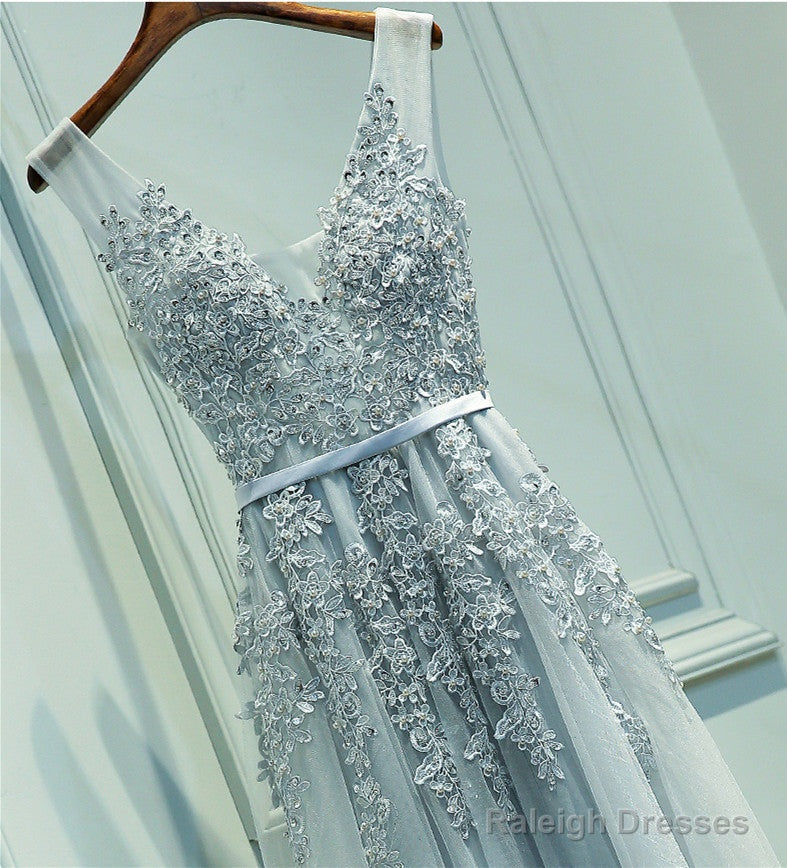 Custom Made A Line Gray/Navy Blue/Burgundy Lace Prom Dresses, Bridesmaid Dresses, Lace Graduation Dresses