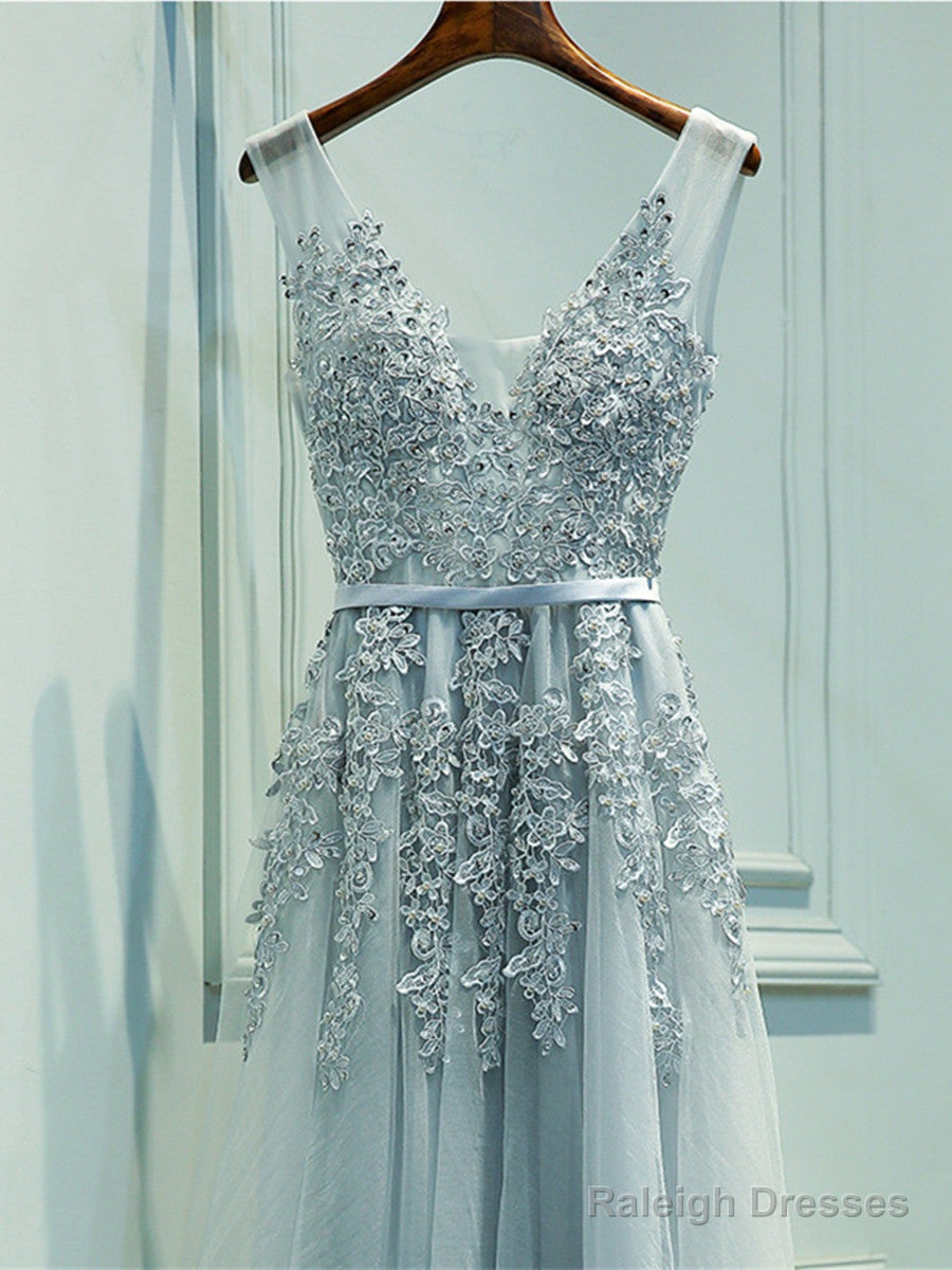 Custom Made A Line Gray/Navy Blue/Burgundy Lace Prom Dresses, Bridesmaid Dresses, Lace Graduation Dresses Main image