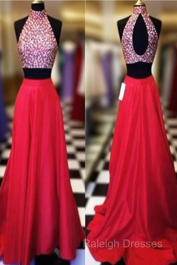 Custom Made A Line High Neck 2 Pieces Red Long Prom Dress, Long Red Formal Dress