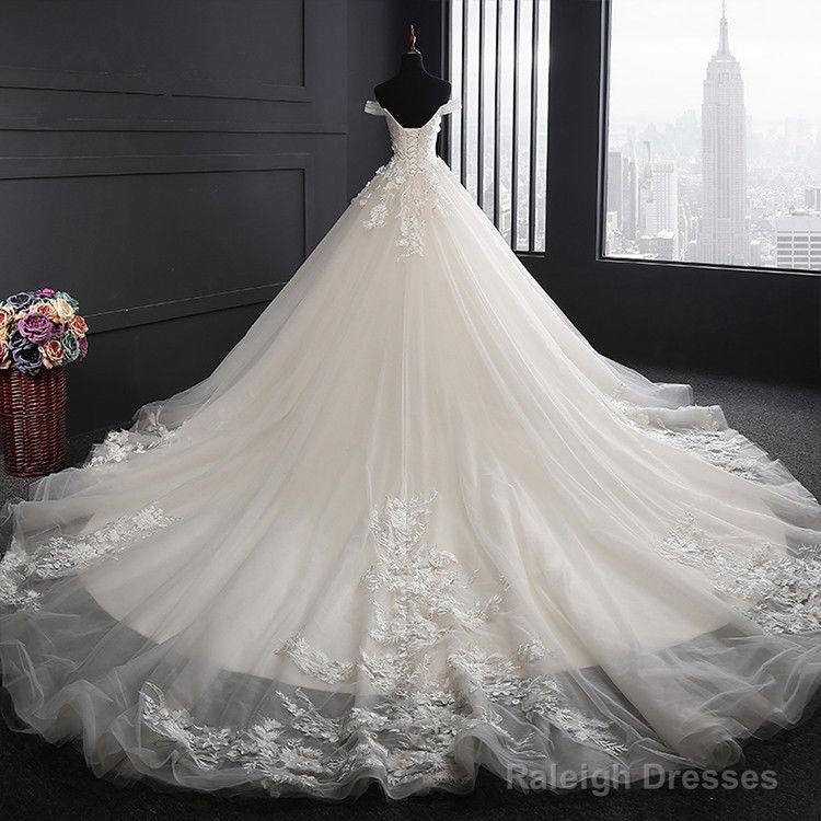 Custom Made A Line Long Tulle Lace Ivory Wedding Dresses With Train