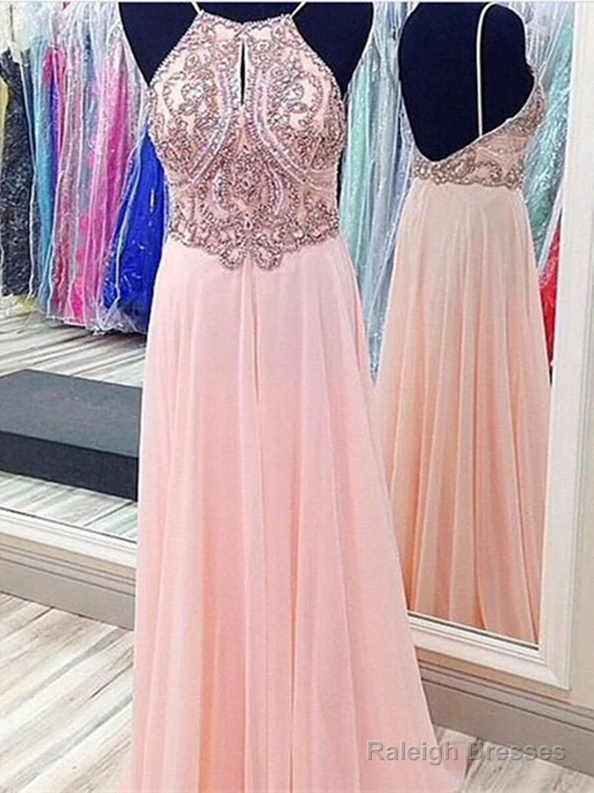 Custom Made A Line Pink Backless Prom Dresses, Formal Dresses, Pink Backless Bridesmaid Dresses Main image
