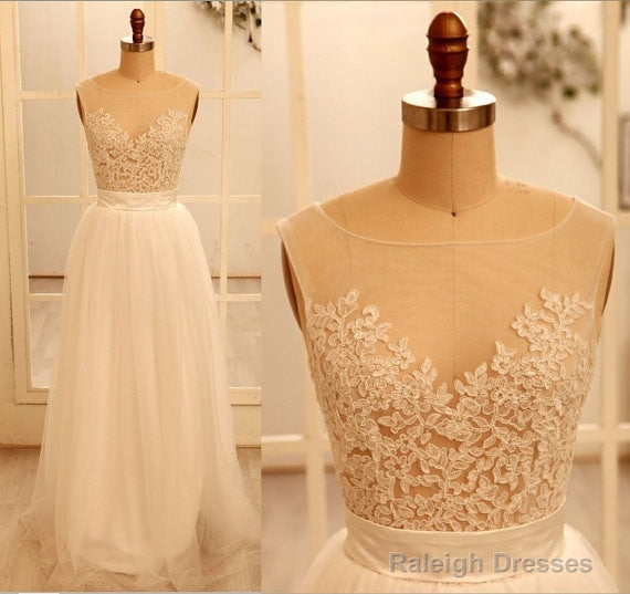 Custom Made A-Line Round Neck Ivory Lace Wedding Dress Deep V Neck Back Prom Dresses Ivory Dress For Wedding Secondary image