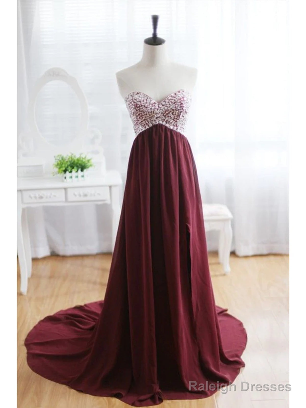 Custom Made A Line Sweetheart Neck Backless Maroon Sweep Train Prom Dresses, Formal Dresses Main image