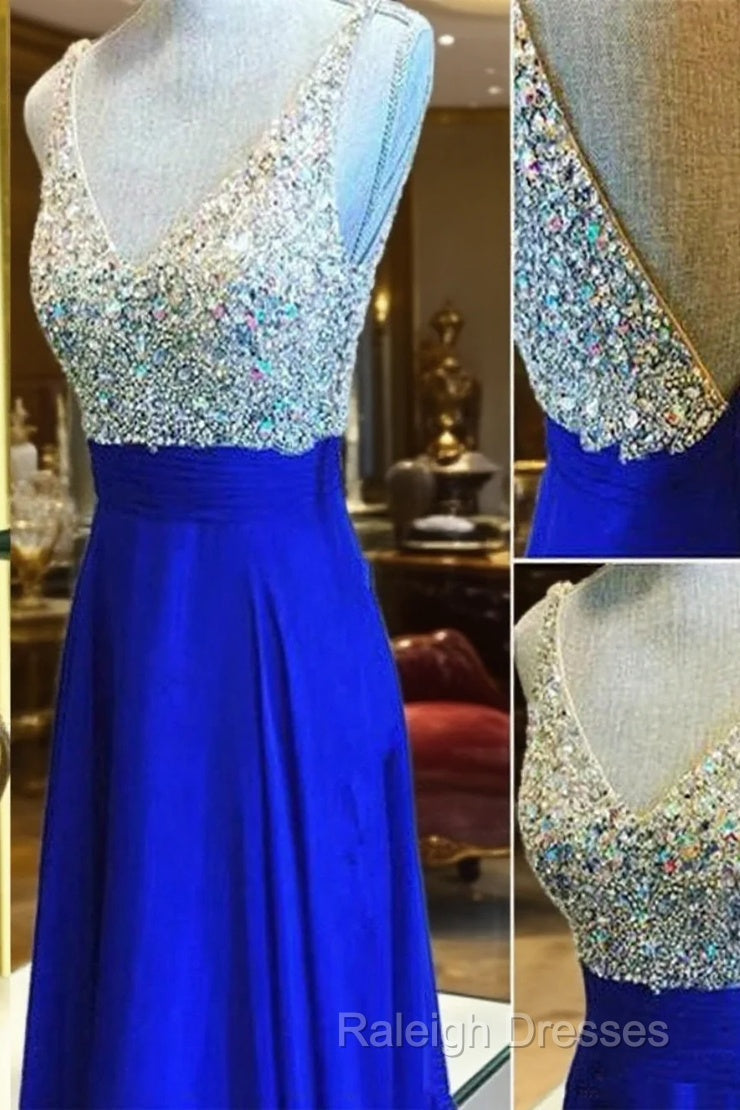 Custom Made A Line V Neck Backless Floor Length Royal Blue Prom Dresses, Blue Formal Dresses, Blue Bridesmaid Dresses Main image