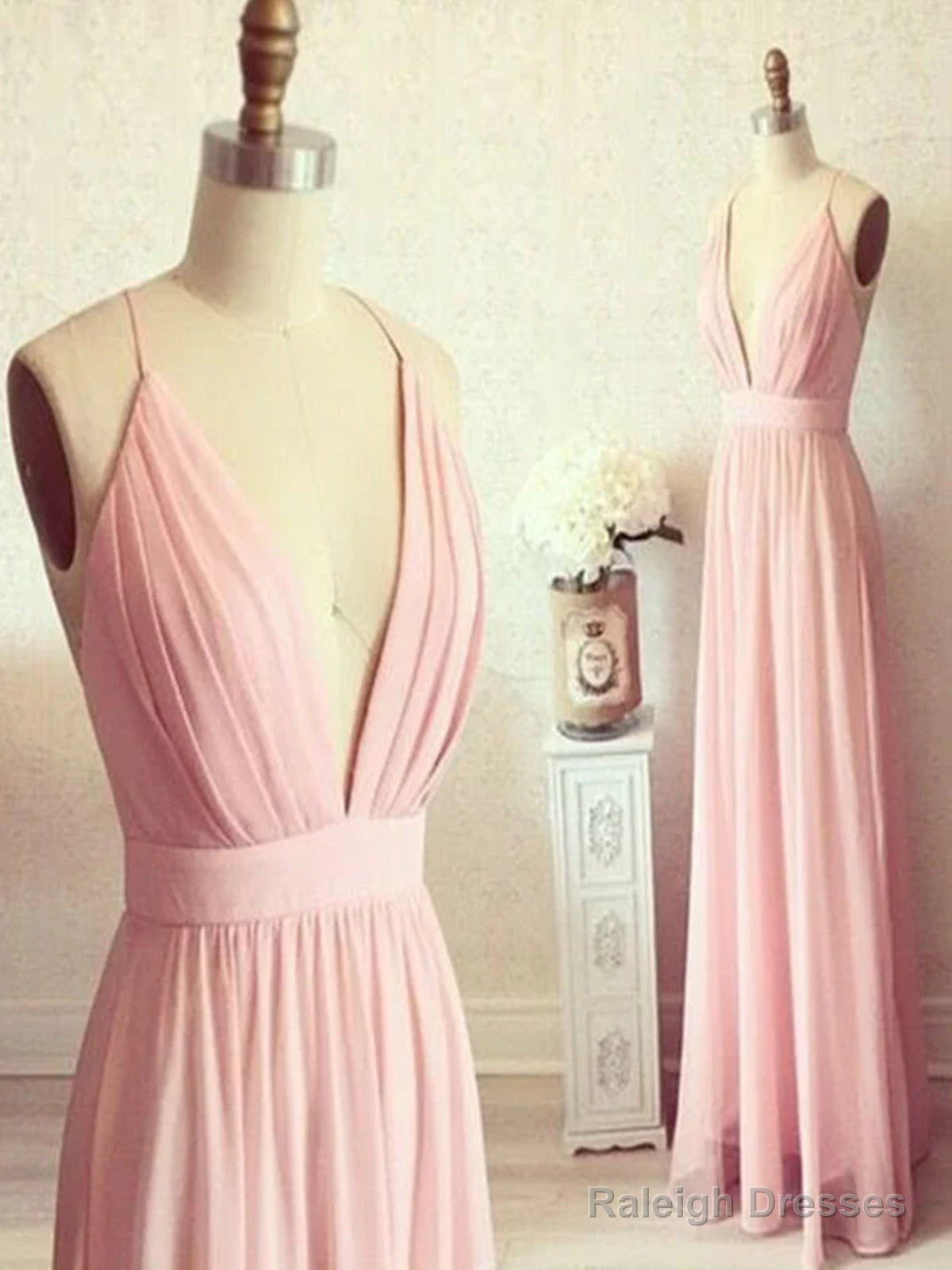 Custom Made A-Line V Neck Backless Pink Long Prom Dresses V Neck Backless Prom Dresses Bridesmaid Dresses Main image