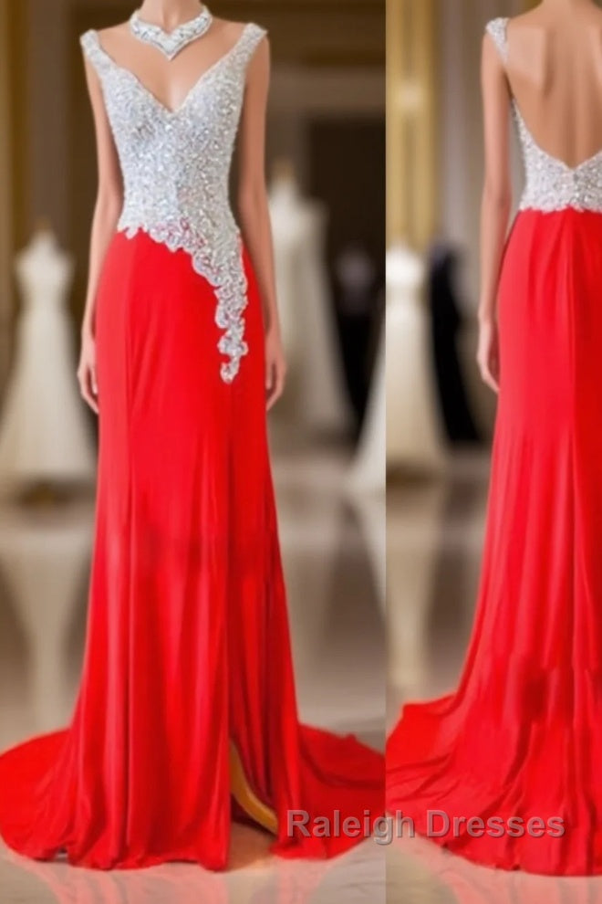 Custom Made A Line V Neck Backless Sequins Red Prom Dresses, Red Evening Dresses