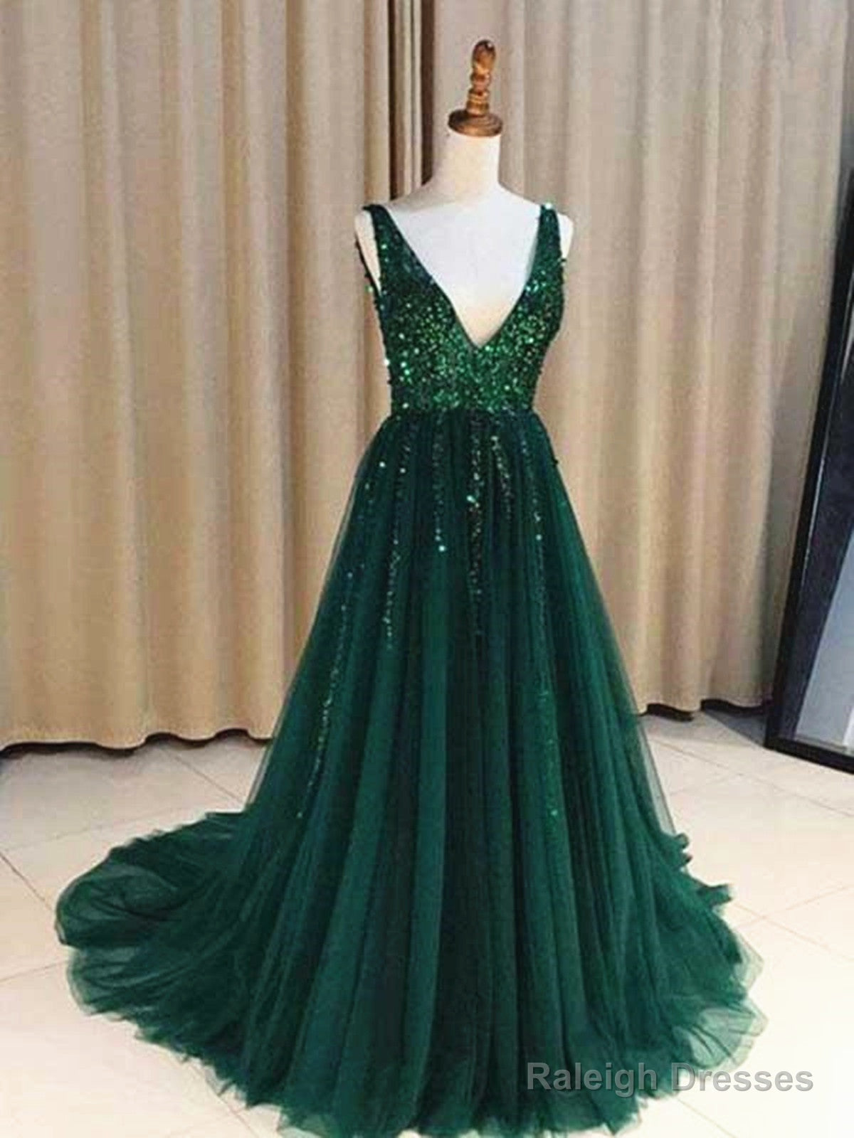 Custom Made A Line V Neck Emerald Green Backless Prom Dresses, Backless Green Graduation Formal Dresses Main image