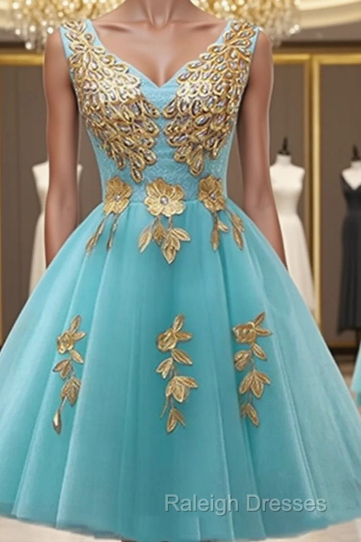 Custom Made A Line V Neck Light Blue Short Tulle Prom Dresses, Short Bridesmaid Dresses, Homecoming Dress, Graduation Dresses Main image